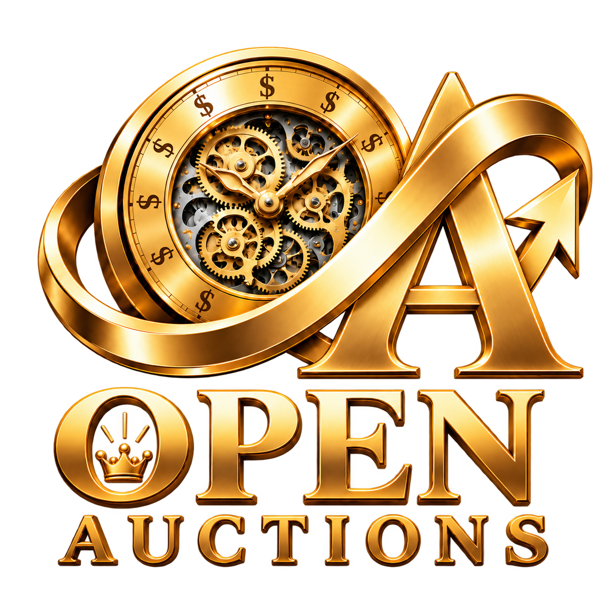 Open Auctions gold clock and OA emblem